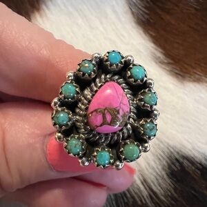 ❤️Kingman Turquoise Cluster 925 Adjustable Sz Ring Cotton Candy Teardrop Center